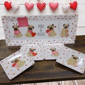Isaac MIZRAHI Dog PUGS & KISSES 19" MELAMINE SERVING TRAY & PLATE SET New